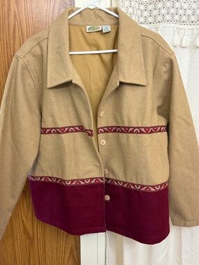 Beige and Burgundy Utility Jacket with Patterned Trim